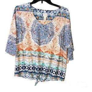 Chico’s‎ Tie-Front Tribal Crochet V Neck Top orange blue 1